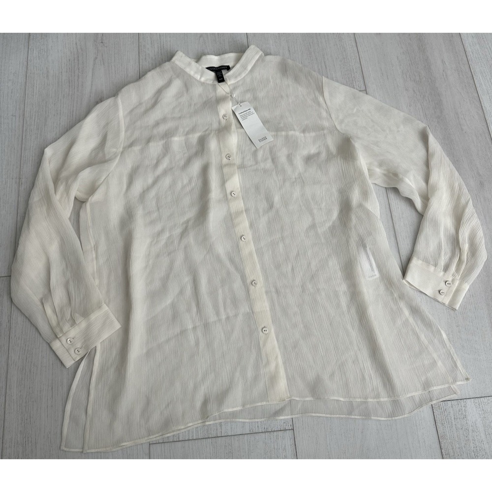 NWT Eileen Fisher Mandarin Collar Top Crinkled Sheer Silk $258 Sz M Bone Color‎